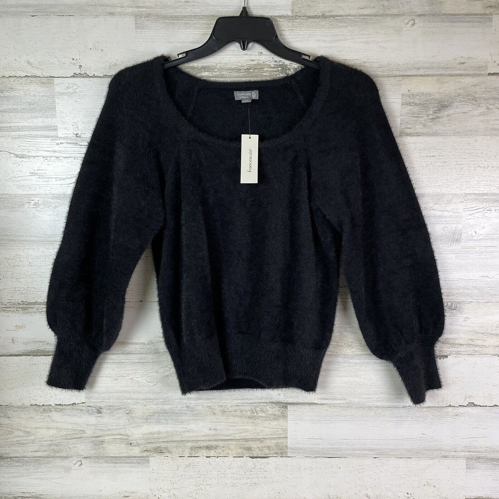 NWT Francesca’s Cupcake Sweater Black Fuzzy Long Puff Sleeves Women’s M